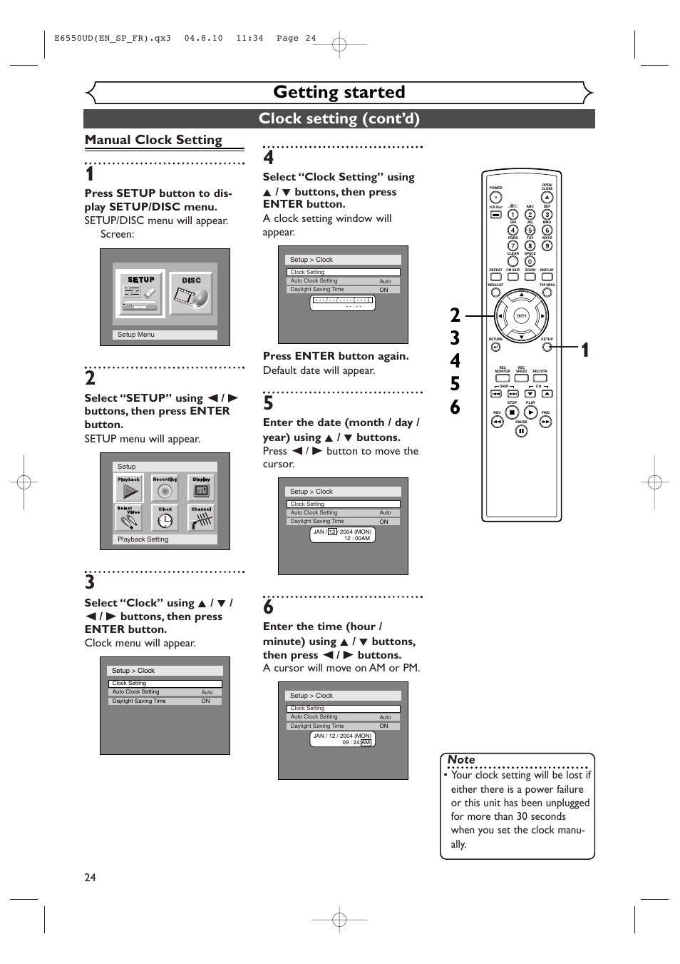 Getting started, Clock setting (cont’d), Manual clock setting | FUNAI FDR-90E User Manual | Page 24 / 108