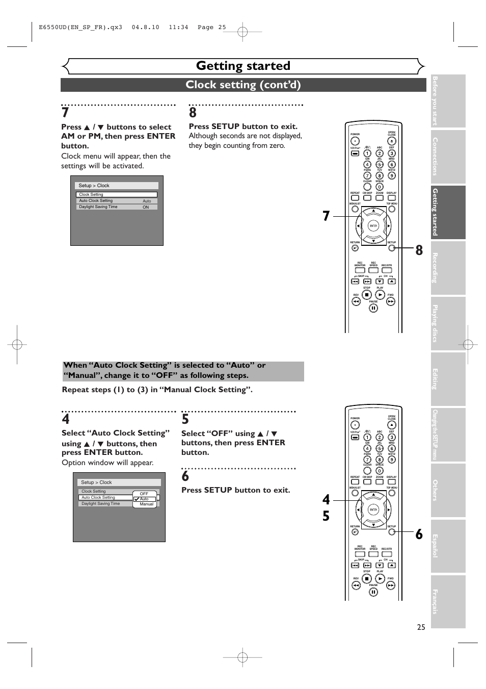 Getting started, Clock setting (cont’d), Press setup button to exit | FUNAI FDR-90E User Manual | Page 25 / 108