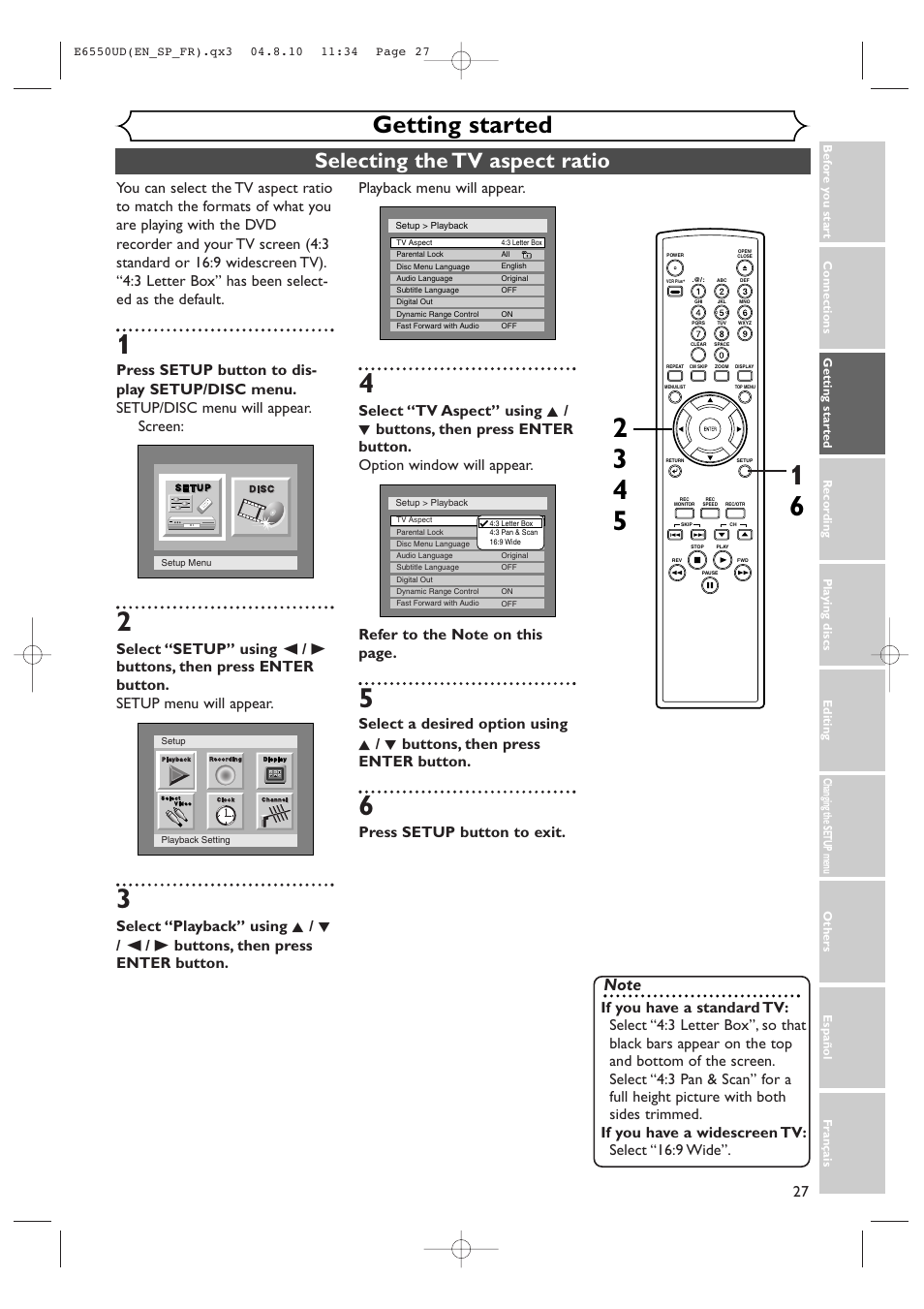 Getting started, Selecting the tv aspect ratio, Playback menu will appear | Press setup button to exit | FUNAI FDR-90E User Manual | Page 27 / 108