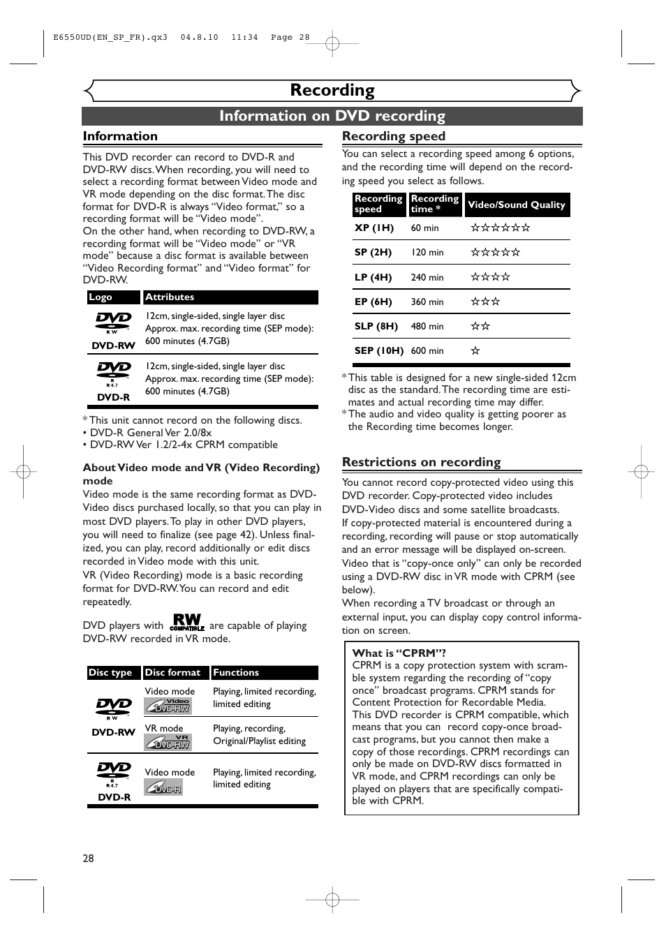 Recording, Information on dvd recording, Information | Recording speed, Restrictions on recording | FUNAI FDR-90E User Manual | Page 28 / 108