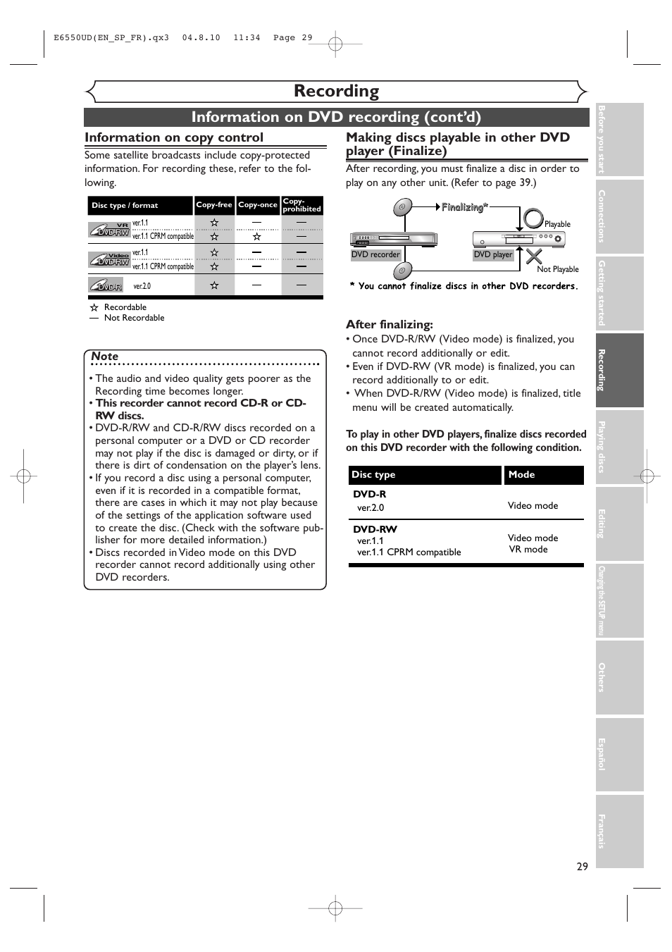 Recording, Information on dvd recording (cont’d), Information on copy control | FUNAI FDR-90E User Manual | Page 29 / 108