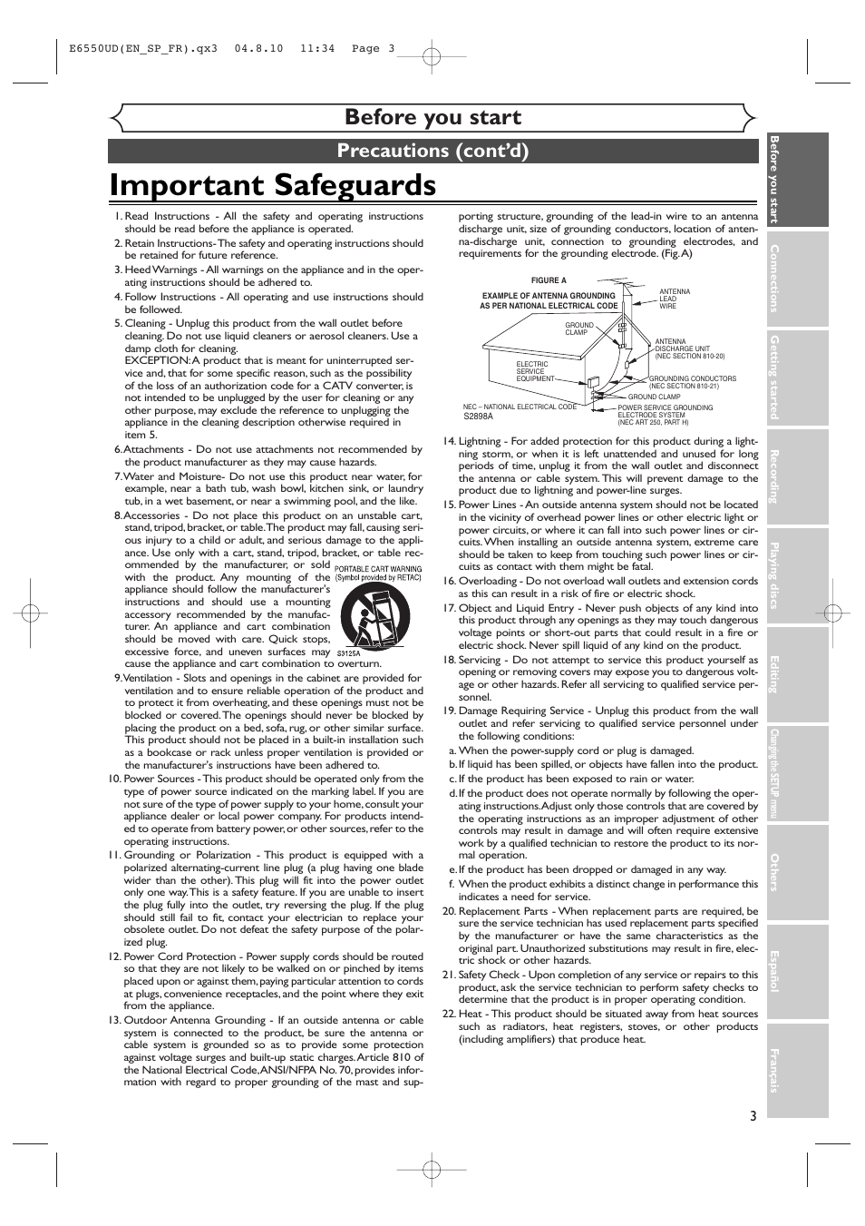 Important safeguards, Before you start, Precautions (cont’d) | FUNAI FDR-90E User Manual | Page 3 / 108