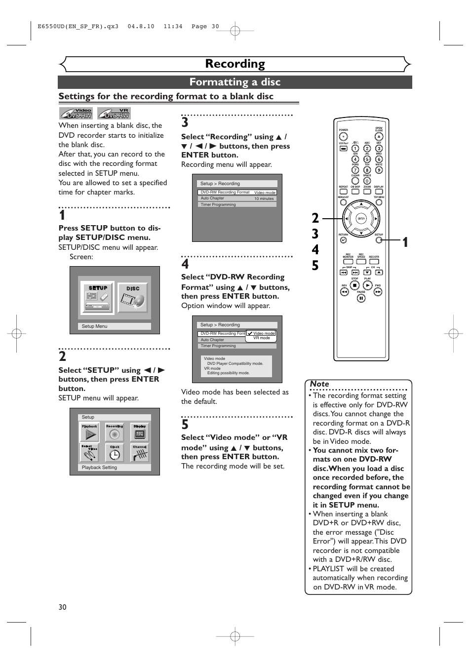 Recording, Formatting a disc, Settings for the recording format to a blank disc | FUNAI FDR-90E User Manual | Page 30 / 108