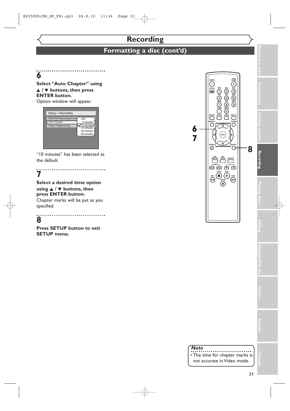 Recording, Formatting a disc (cont’d), Press setup button to exit setup menu | FUNAI FDR-90E User Manual | Page 31 / 108