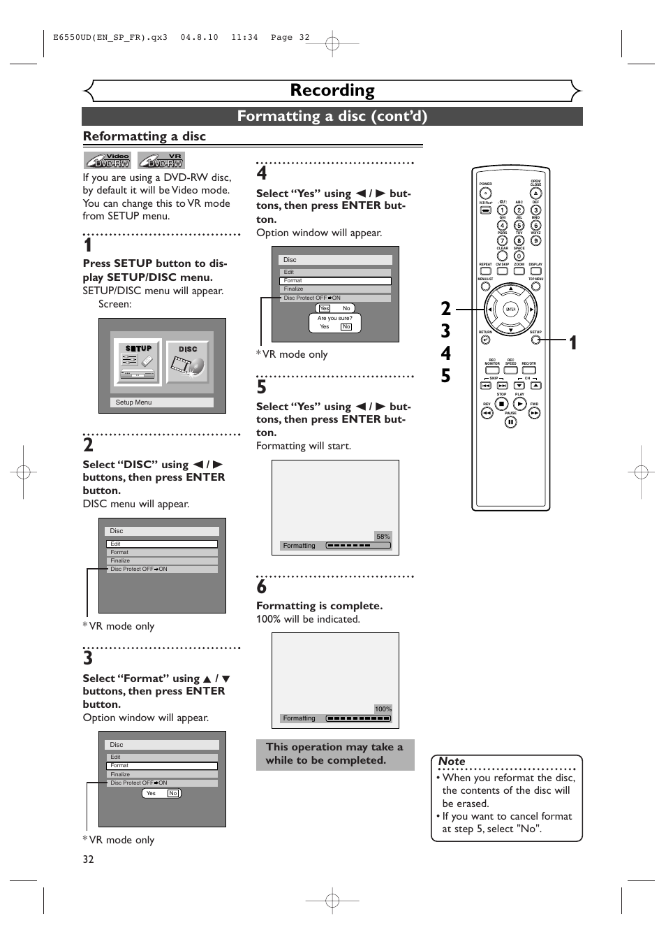 Recording, Formatting a disc (cont’d), Reformatting a disc | Formatting is complete. 100% will be indicated | FUNAI FDR-90E User Manual | Page 32 / 108