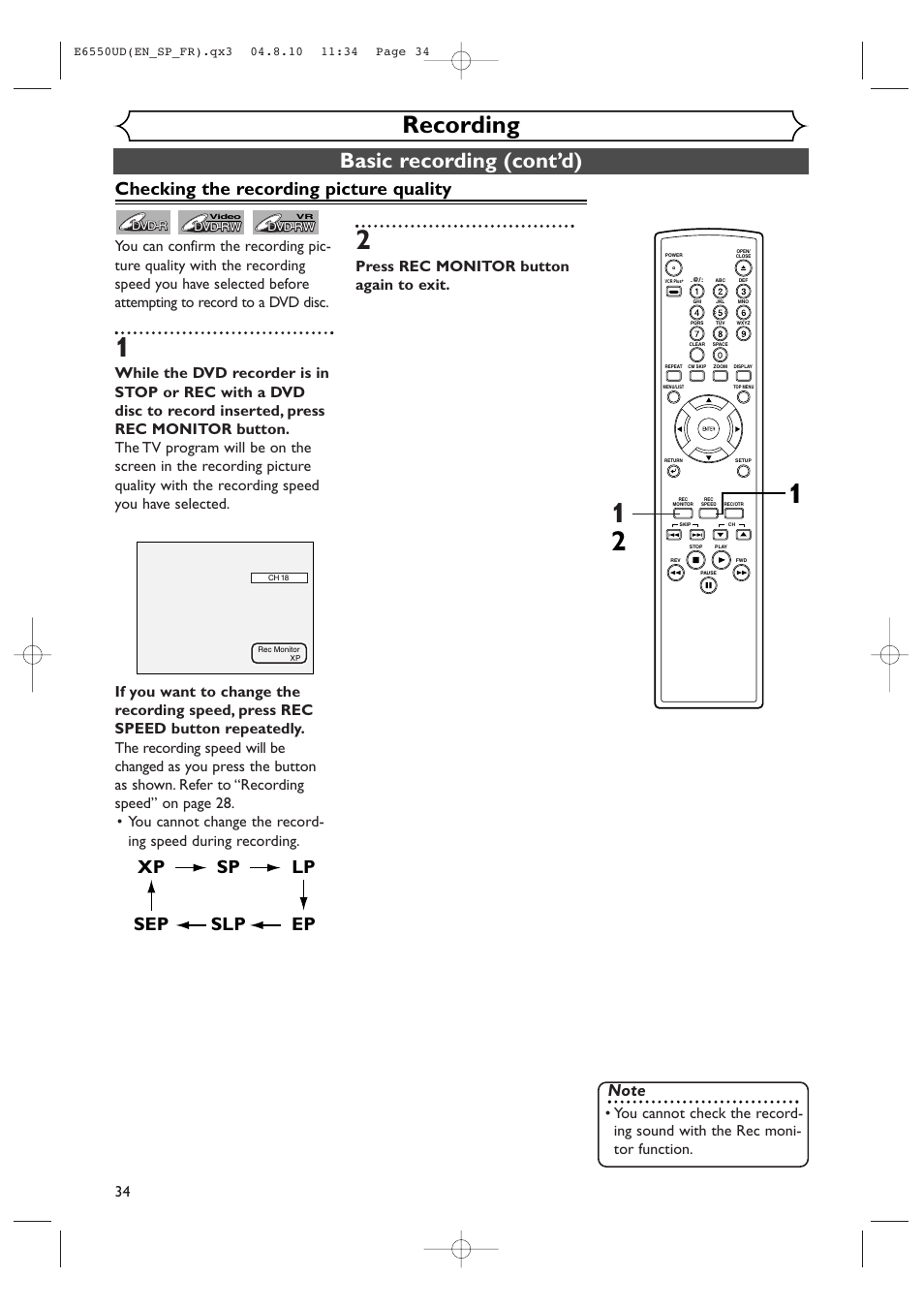 Recording, Basic recording (cont’d), Xp sp lp ep slp sep | Checking the recording picture quality, Press rec monitor button again to exit | FUNAI FDR-90E User Manual | Page 34 / 108