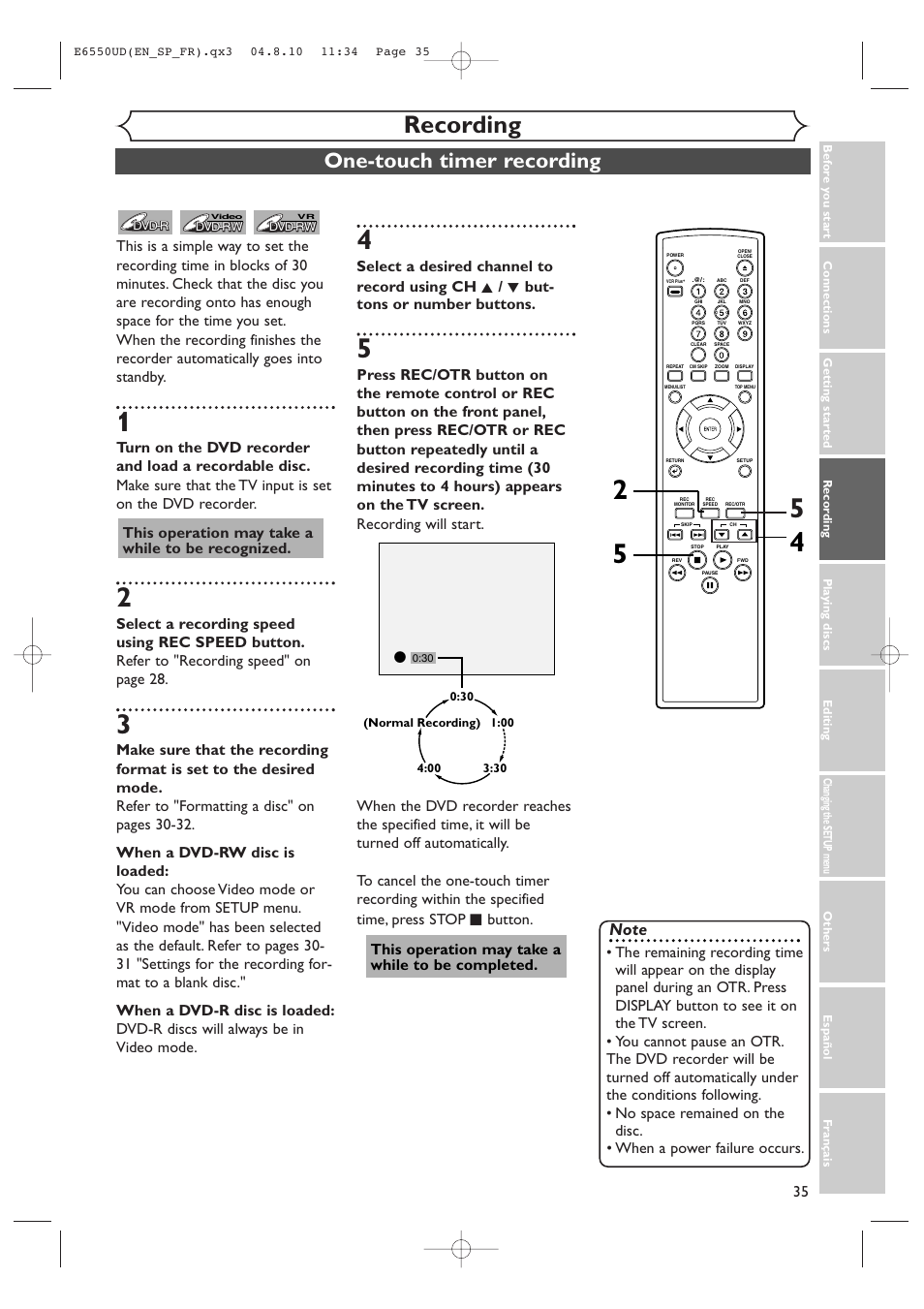 Recording, One-touch timer recording, This operation may take a while to be recognized | This operation may take a while to be completed | FUNAI FDR-90E User Manual | Page 35 / 108