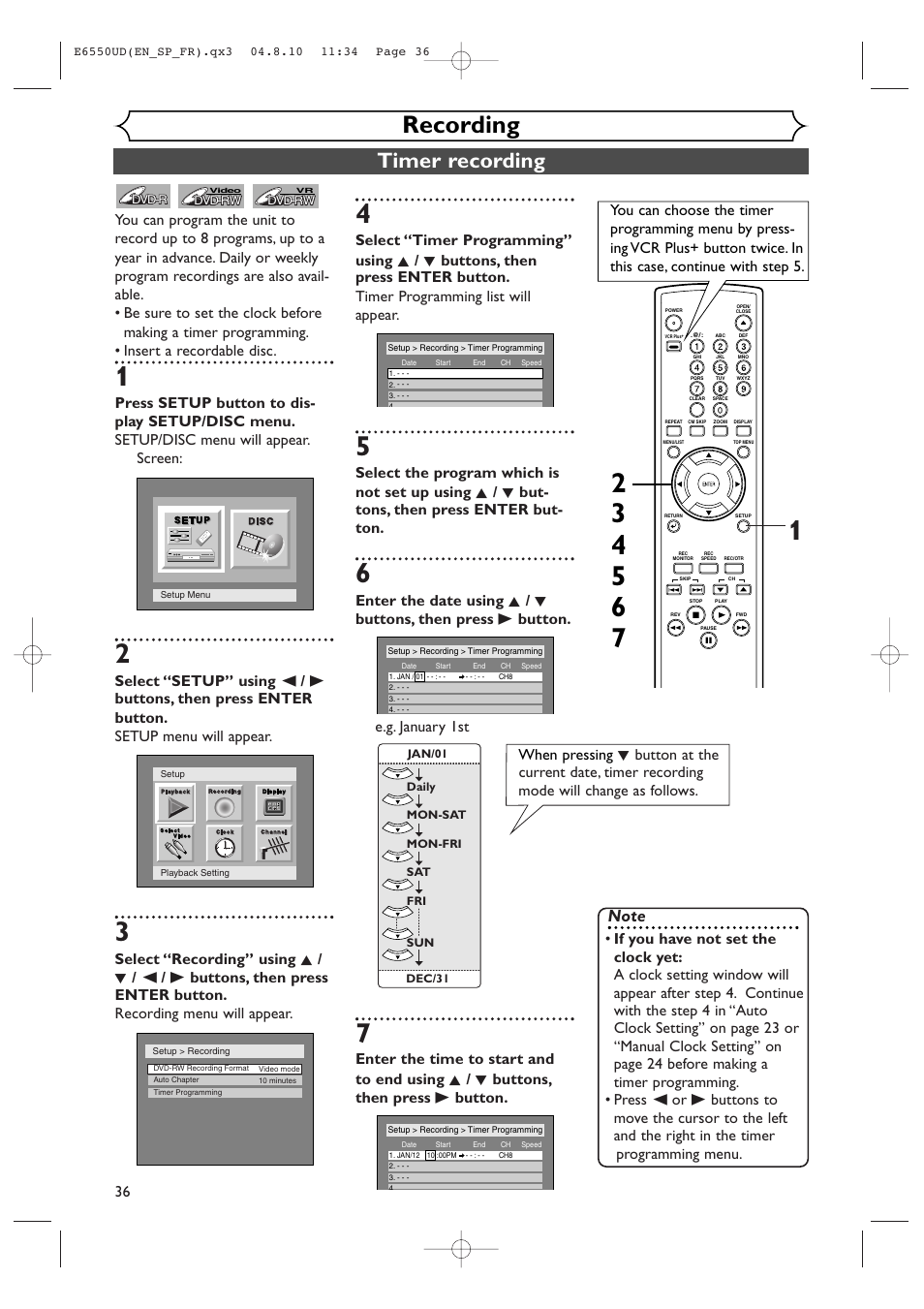 Recording, Timer recording | FUNAI FDR-90E User Manual | Page 36 / 108