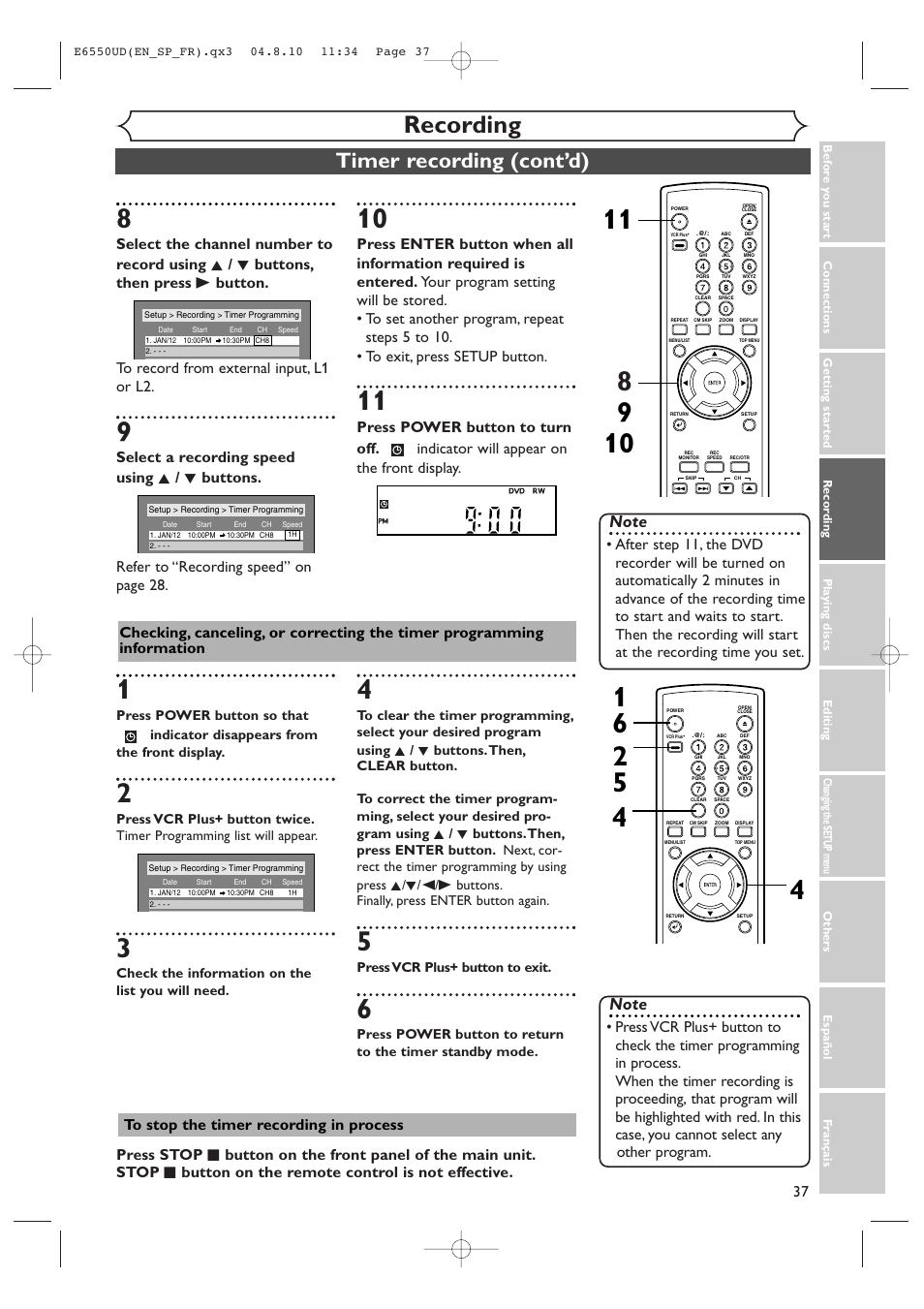 Recording, Timer recording (cont’d) | FUNAI FDR-90E User Manual | Page 37 / 108
