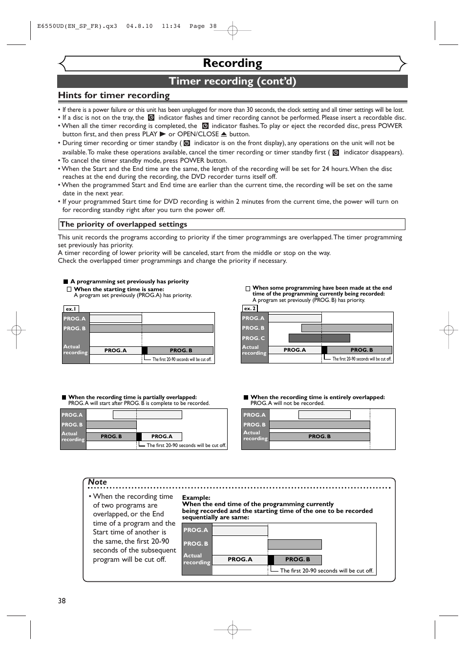 Recording, Timer recording (cont’d), Hints for timer recording | FUNAI FDR-90E User Manual | Page 38 / 108