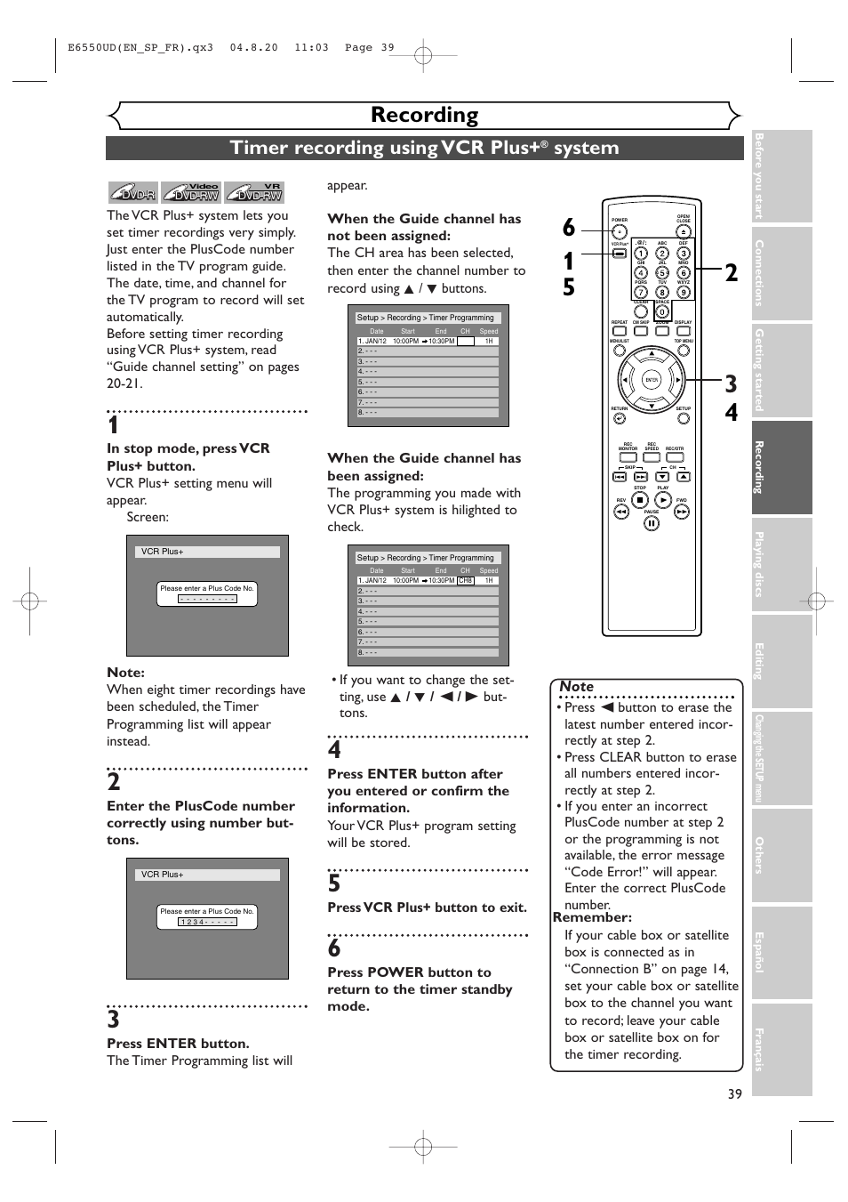 Recording, Timer recording using vcr plus, System | Press vcr plus+ button to exit | FUNAI FDR-90E User Manual | Page 39 / 108