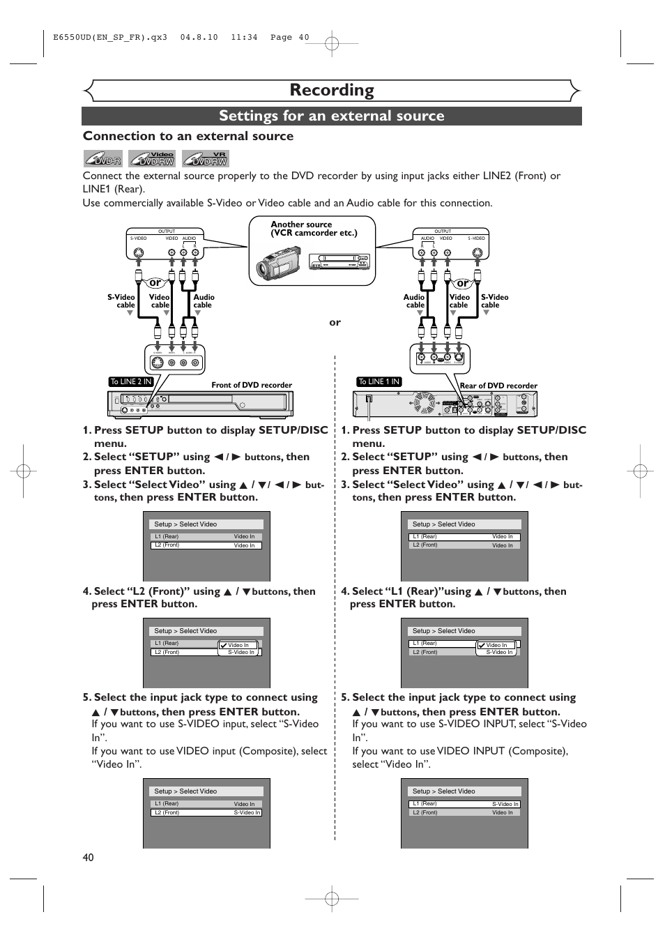 Recording, Settings for an external source, Connection to an external source | B buttons, B but- tons, Buttons | FUNAI FDR-90E User Manual | Page 40 / 108
