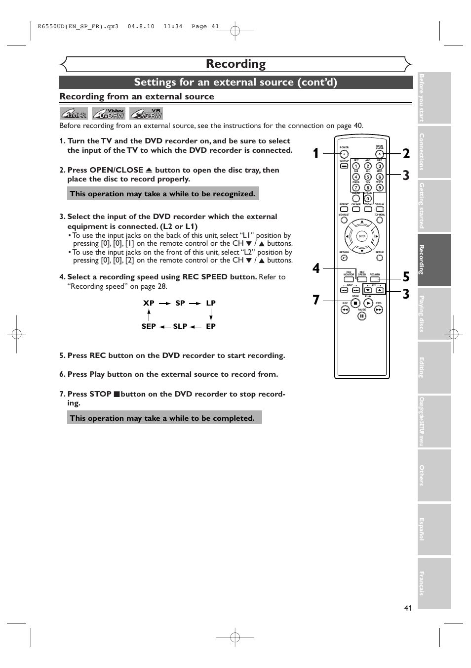 Recording, Settings for an external source (cont’d), Recording from an external source | This operation may take a while to be recognized | FUNAI FDR-90E User Manual | Page 41 / 108