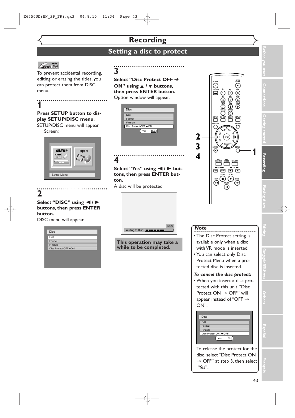 Recording, Setting a disc to protect, This operation may take a while to be completed | FUNAI FDR-90E User Manual | Page 43 / 108