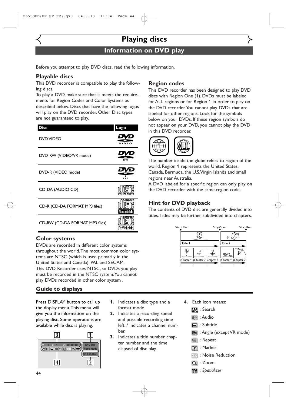 Playing discs, Information on dvd play, Playable discs | Color systems, Region codes, Hint for dvd playback, 13 2 4 guide to displays | FUNAI FDR-90E User Manual | Page 44 / 108