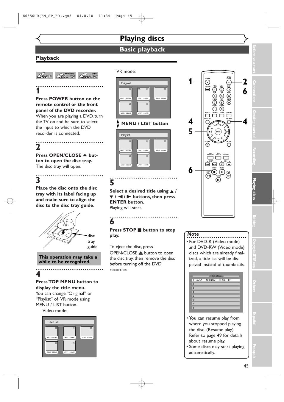Playing discs, Basic playback, Playback | This operation may take a while to be recognized, Disc tray guide | FUNAI FDR-90E User Manual | Page 45 / 108