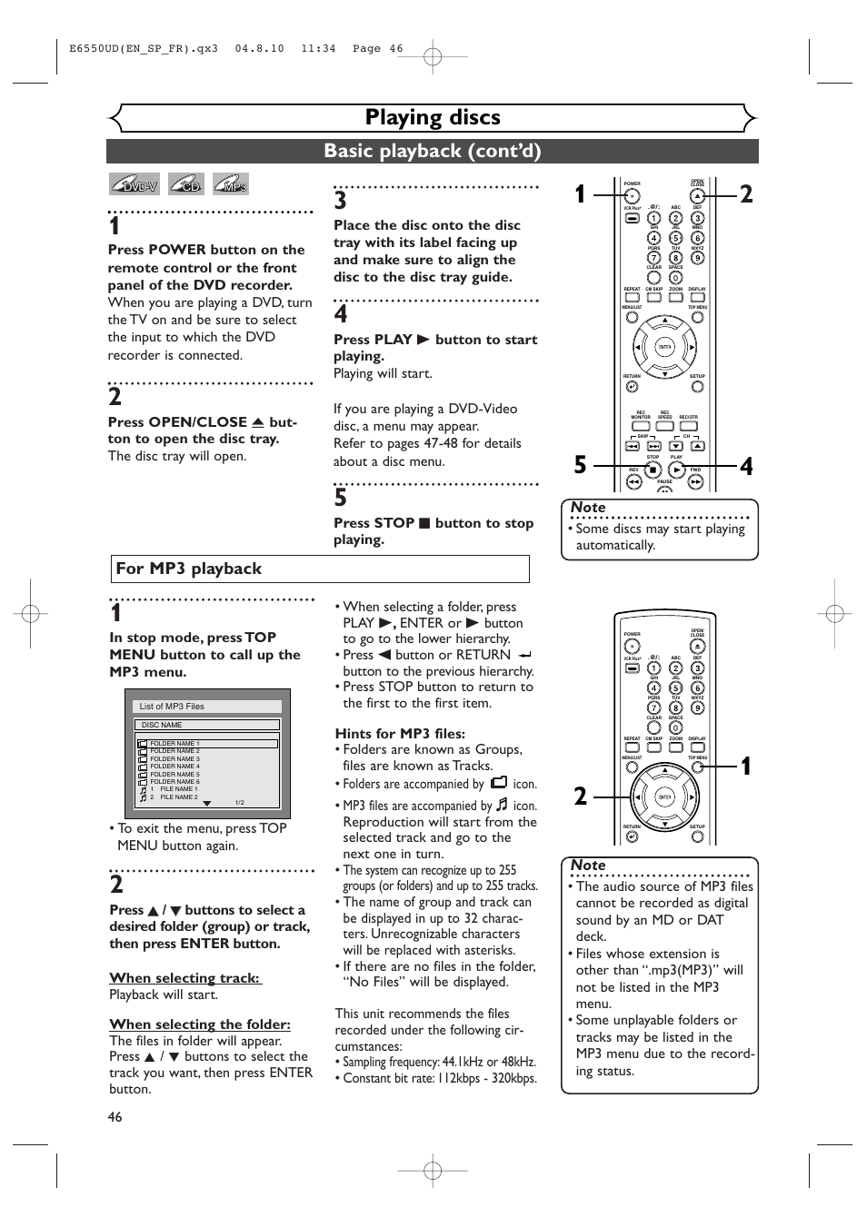 Playing discs, Basic playback (cont’d), For mp3 playback | Press stop c button to stop playing, Some discs may start playing automatically | FUNAI FDR-90E User Manual | Page 46 / 108