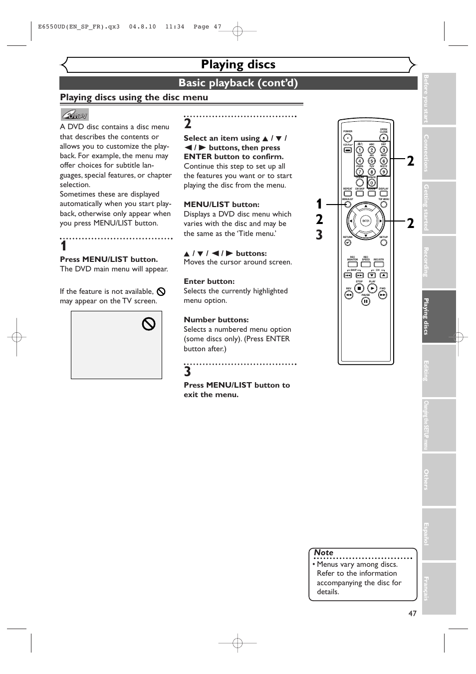 Playing discs, Basic playback (cont’d), Playing discs using the disc menu | Press menu/list button to exit the menu | FUNAI FDR-90E User Manual | Page 47 / 108