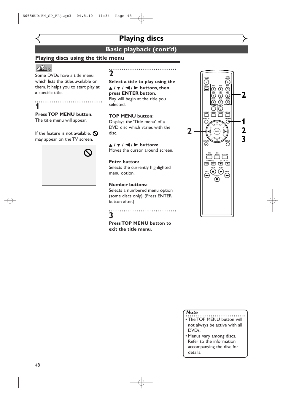 Playing discs, Basic playback (cont’d), Playing discs using the title menu | Press top menu button to exit the title menu | FUNAI FDR-90E User Manual | Page 48 / 108