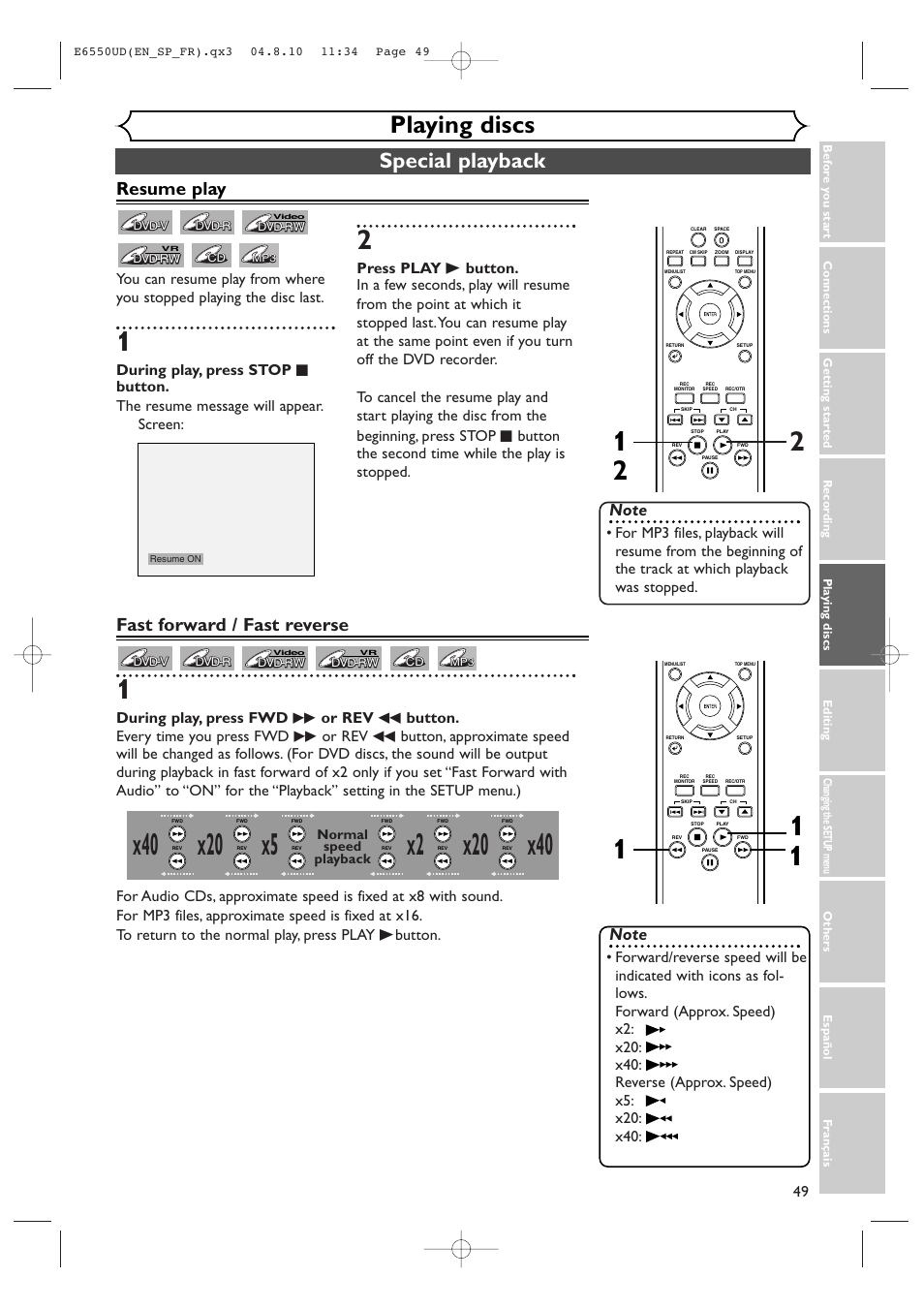 Playing discs, Special playback, Resume play | Fast forward / fast reverse | FUNAI FDR-90E User Manual | Page 49 / 108