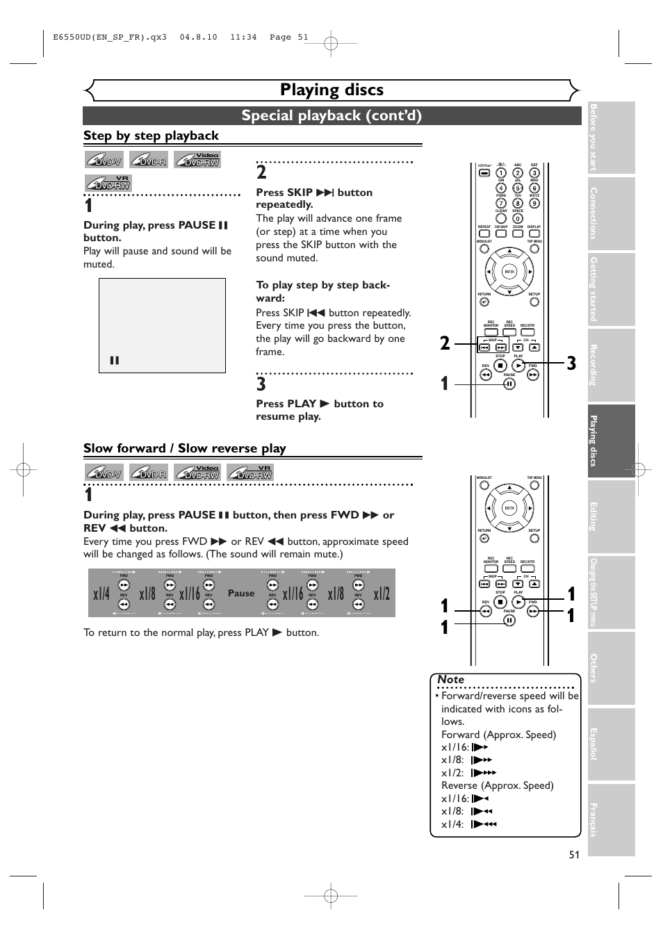 X1/8, Playing discs, Special playback (cont’d) | Step by step playback, Slow forward / slow reverse play, Press play b button to resume play | FUNAI FDR-90E User Manual | Page 51 / 108