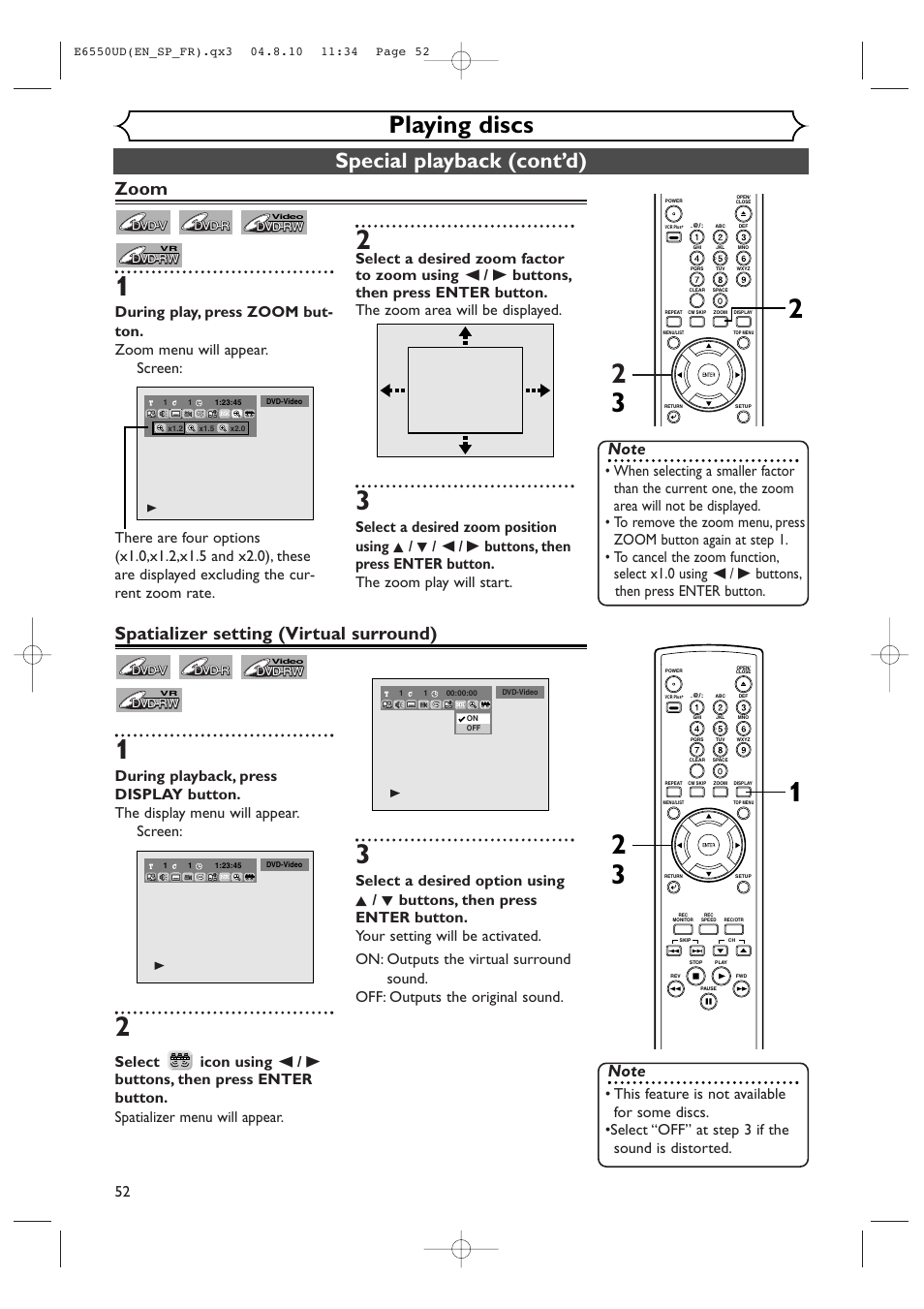 Playing discs, Special playback (cont’d), Zoom | Spatializer setting (virtual surround) | FUNAI FDR-90E User Manual | Page 52 / 108
