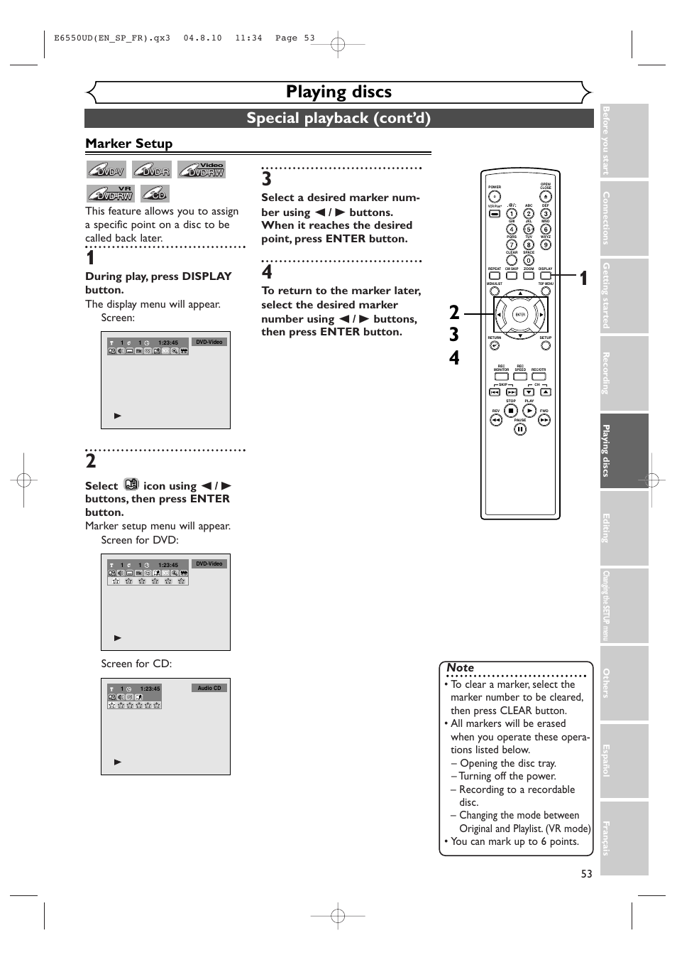 Playing discs, Special playback (cont’d), Marker setup | FUNAI FDR-90E User Manual | Page 53 / 108