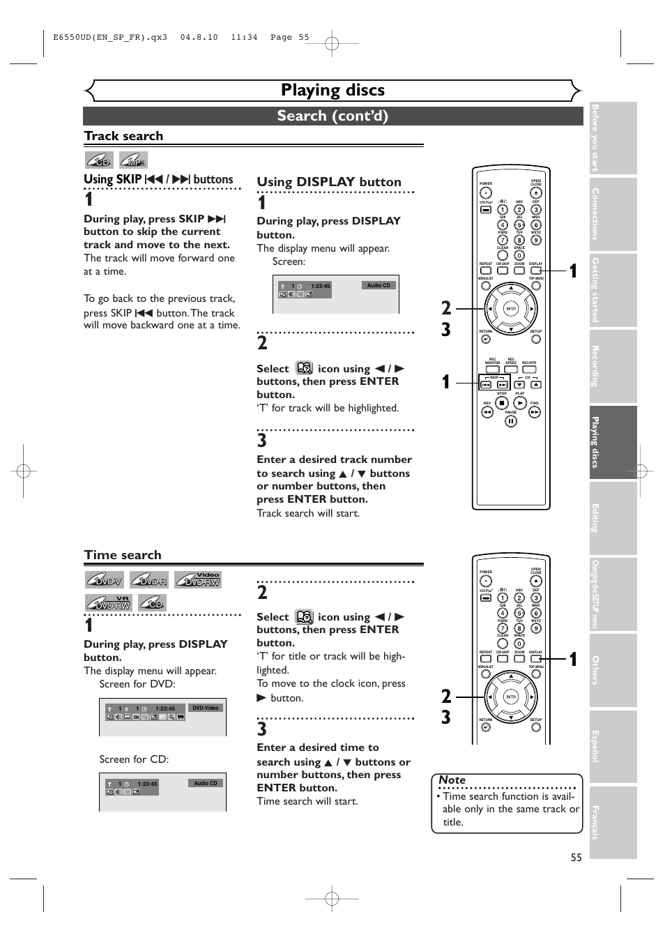 Playing discs, Search (cont’d), Track search using skip h / g buttons | Using display button, Time search | FUNAI FDR-90E User Manual | Page 55 / 108