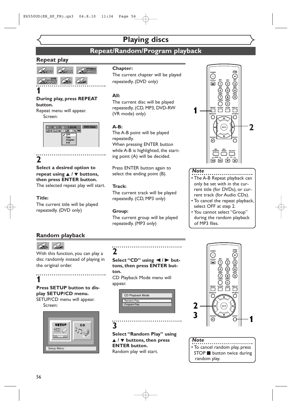 Playing discs, Repeat/random/program playback, Repeat play | Random playback | FUNAI FDR-90E User Manual | Page 56 / 108