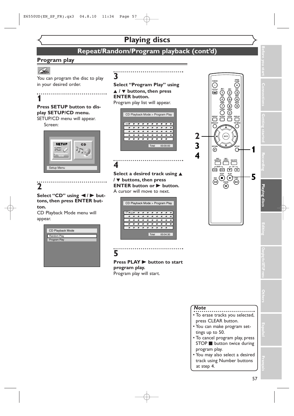Playing discs, Repeat/random/program playback (cont’d), Program play | FUNAI FDR-90E User Manual | Page 57 / 108