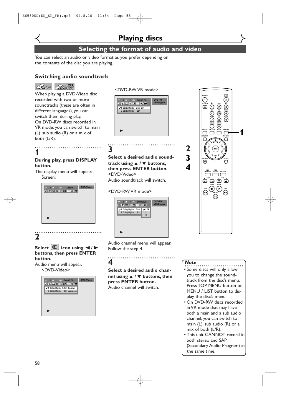 Playing discs, Selecting the format of audio and video, Switching audio soundtrack | FUNAI FDR-90E User Manual | Page 58 / 108