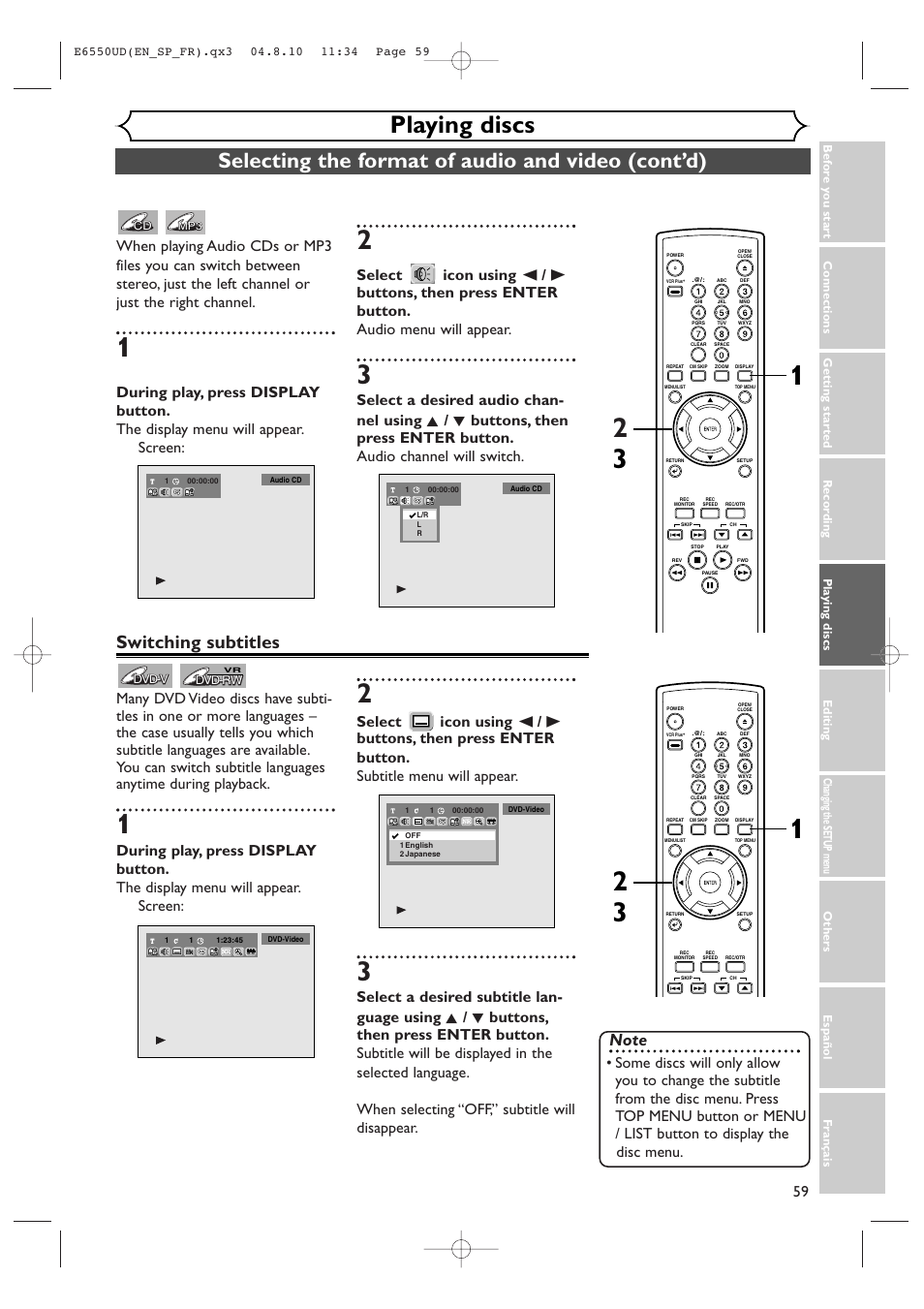 Playing discs, Selecting the format of audio and video (cont’d), Switching subtitles | FUNAI FDR-90E User Manual | Page 59 / 108