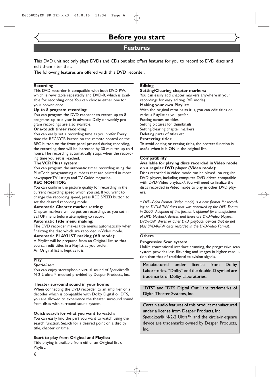 Before you start, Features | FUNAI FDR-90E User Manual | Page 6 / 108