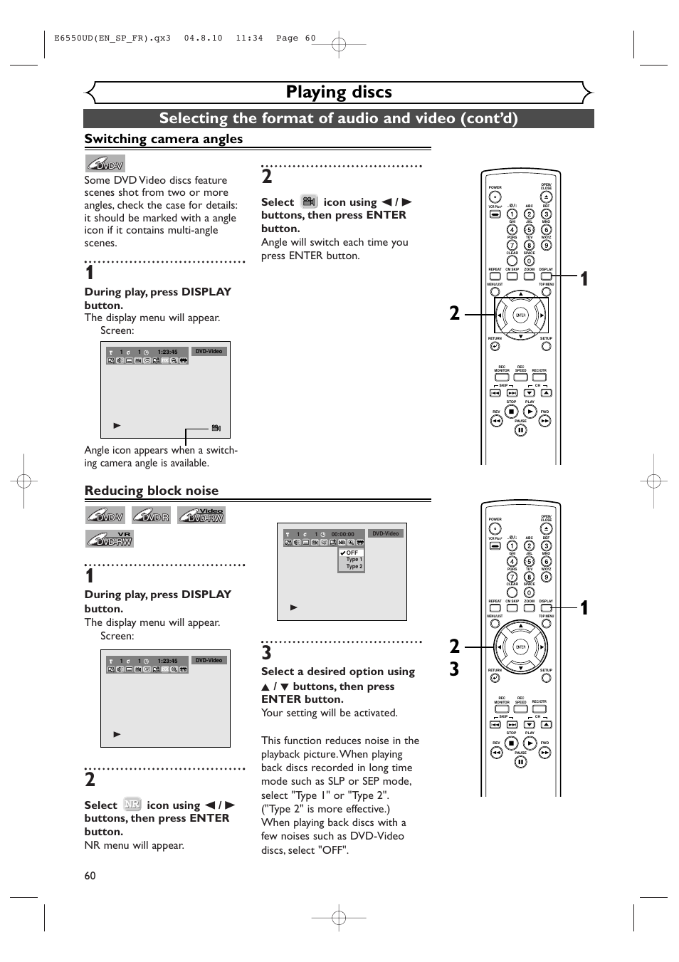 Playing discs, Selecting the format of audio and video (cont’d), Switching camera angles | Reducing block noise | FUNAI FDR-90E User Manual | Page 60 / 108