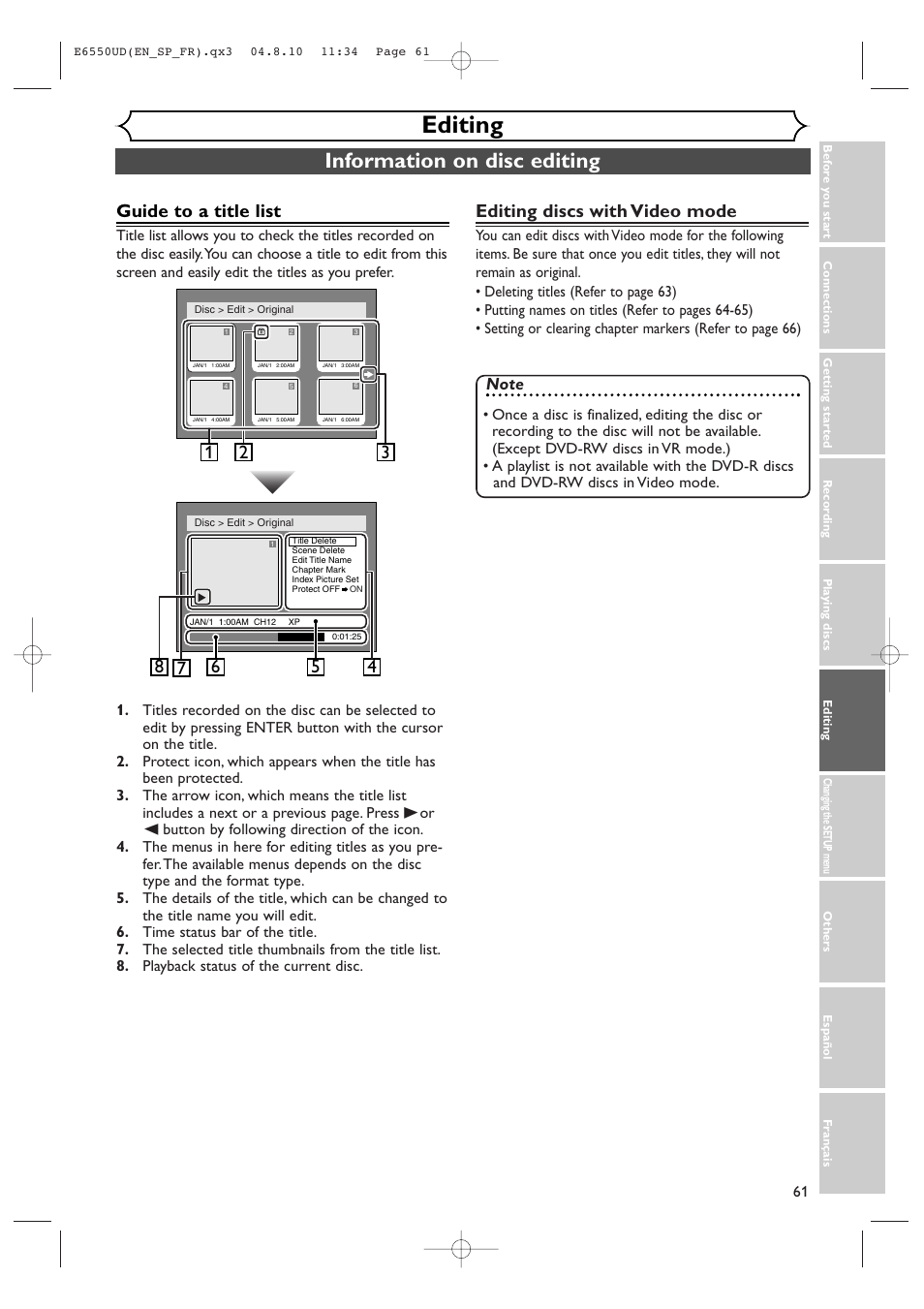 Editing, Information on disc editing, Guide to a title list | Editing discs with video mode | FUNAI FDR-90E User Manual | Page 61 / 108