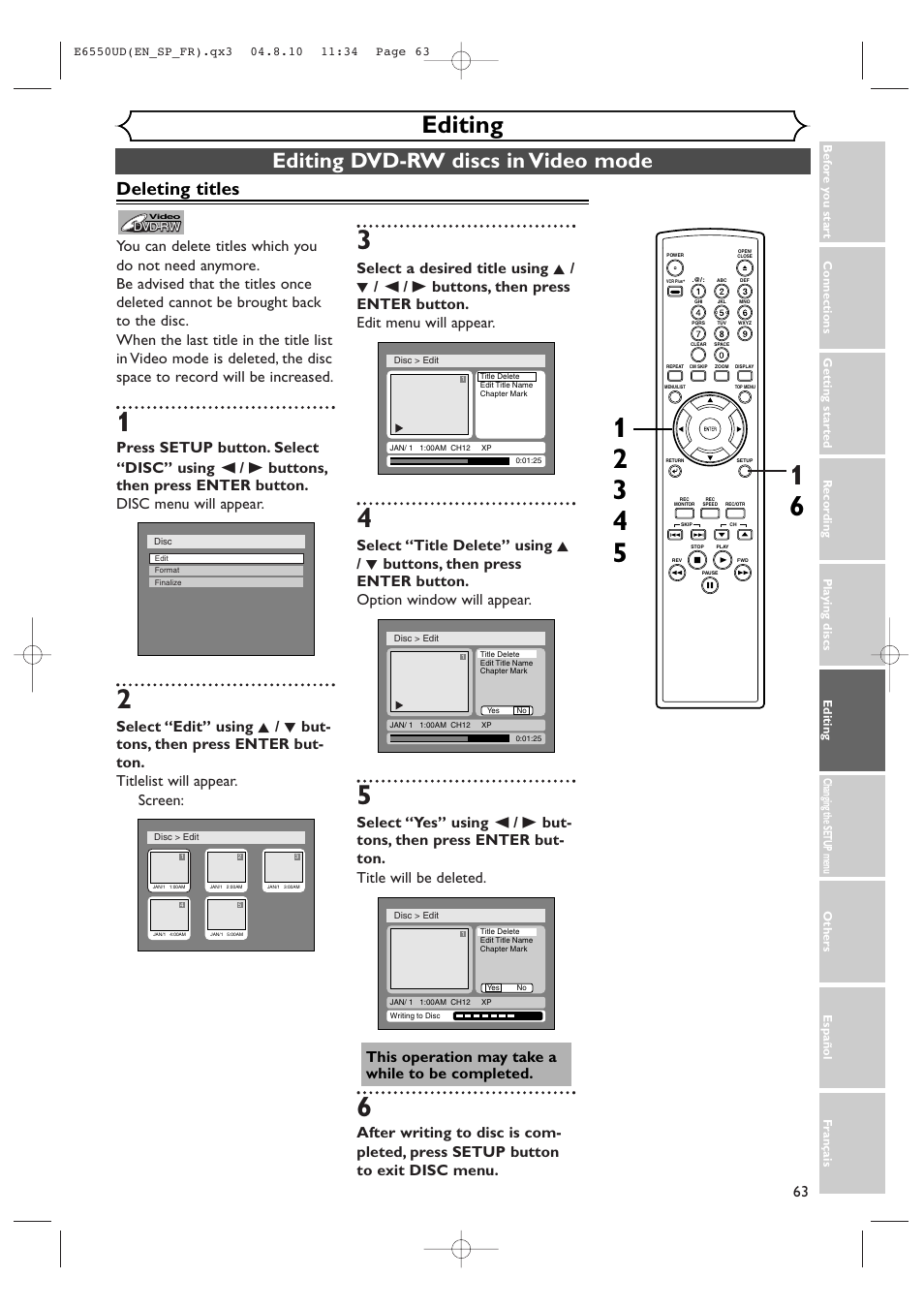 Editing, Editing dvd-rw discs in video mode, Deleting titles | FUNAI FDR-90E User Manual | Page 63 / 108