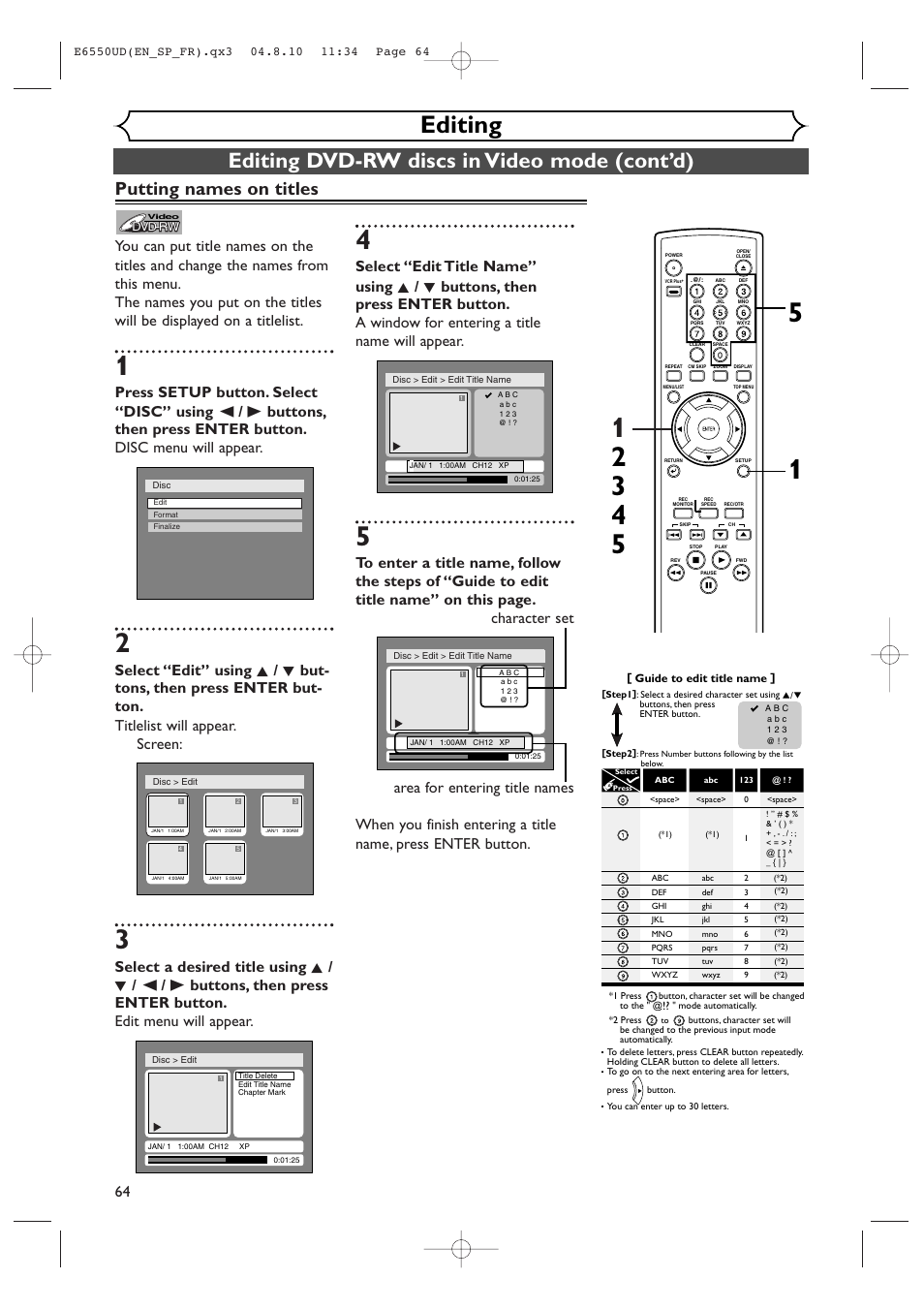 Editing, Editing dvd-rw discs in video mode (cont’d), Putting names on titles | FUNAI FDR-90E User Manual | Page 64 / 108