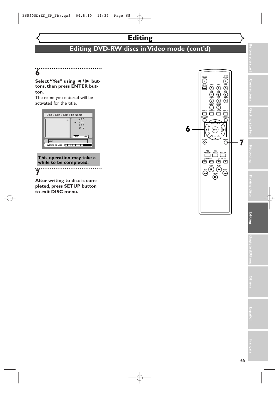 Editing, Editing dvd-rw discs in video mode (cont’d) | FUNAI FDR-90E User Manual | Page 65 / 108