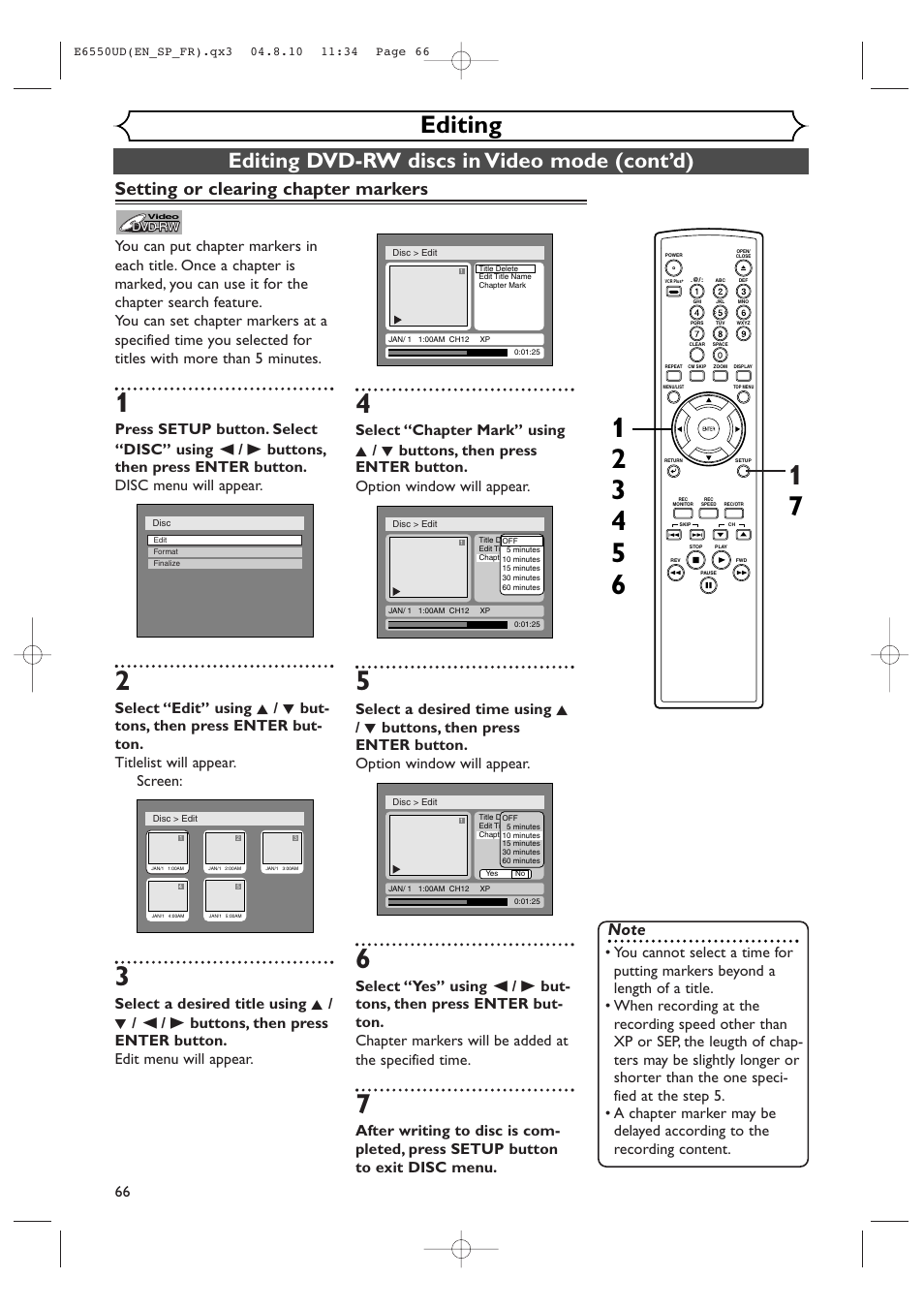 Editing, Editing dvd-rw discs in video mode (cont’d), Setting or clearing chapter markers | FUNAI FDR-90E User Manual | Page 66 / 108