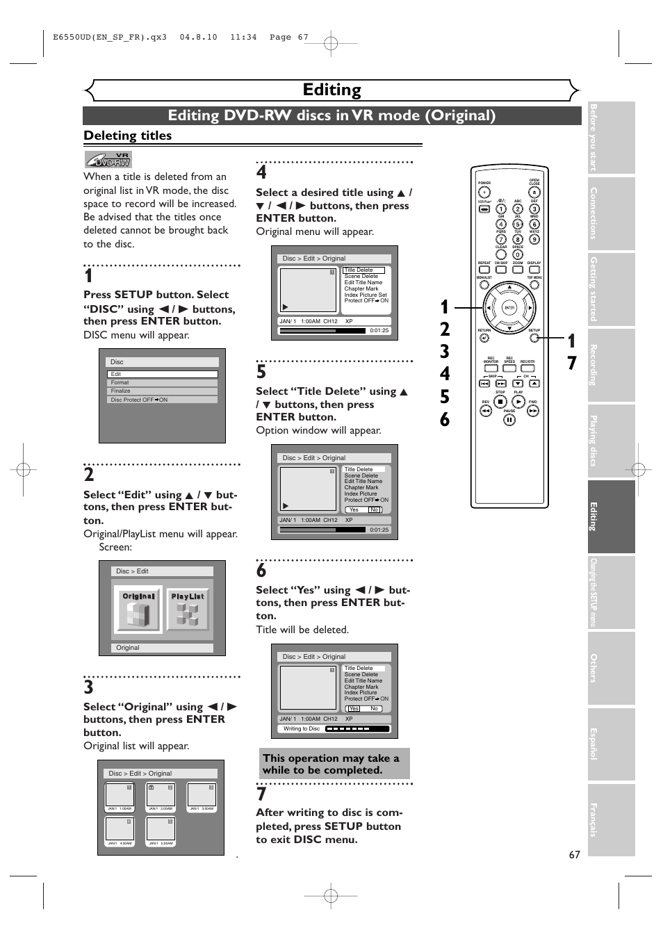 Editing, Editing dvd-rw discs in vr mode (original), Deleting titles | FUNAI FDR-90E User Manual | Page 67 / 108