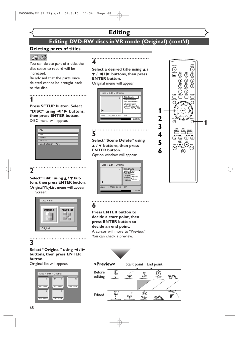 Editing, Deleting parts of titles, Preview | Before editing | FUNAI FDR-90E User Manual | Page 68 / 108