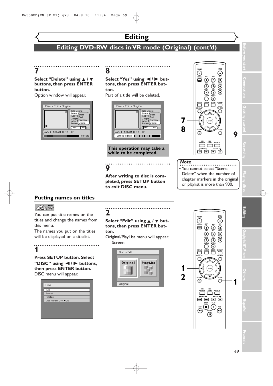Editing, Putting names on titles | FUNAI FDR-90E User Manual | Page 69 / 108