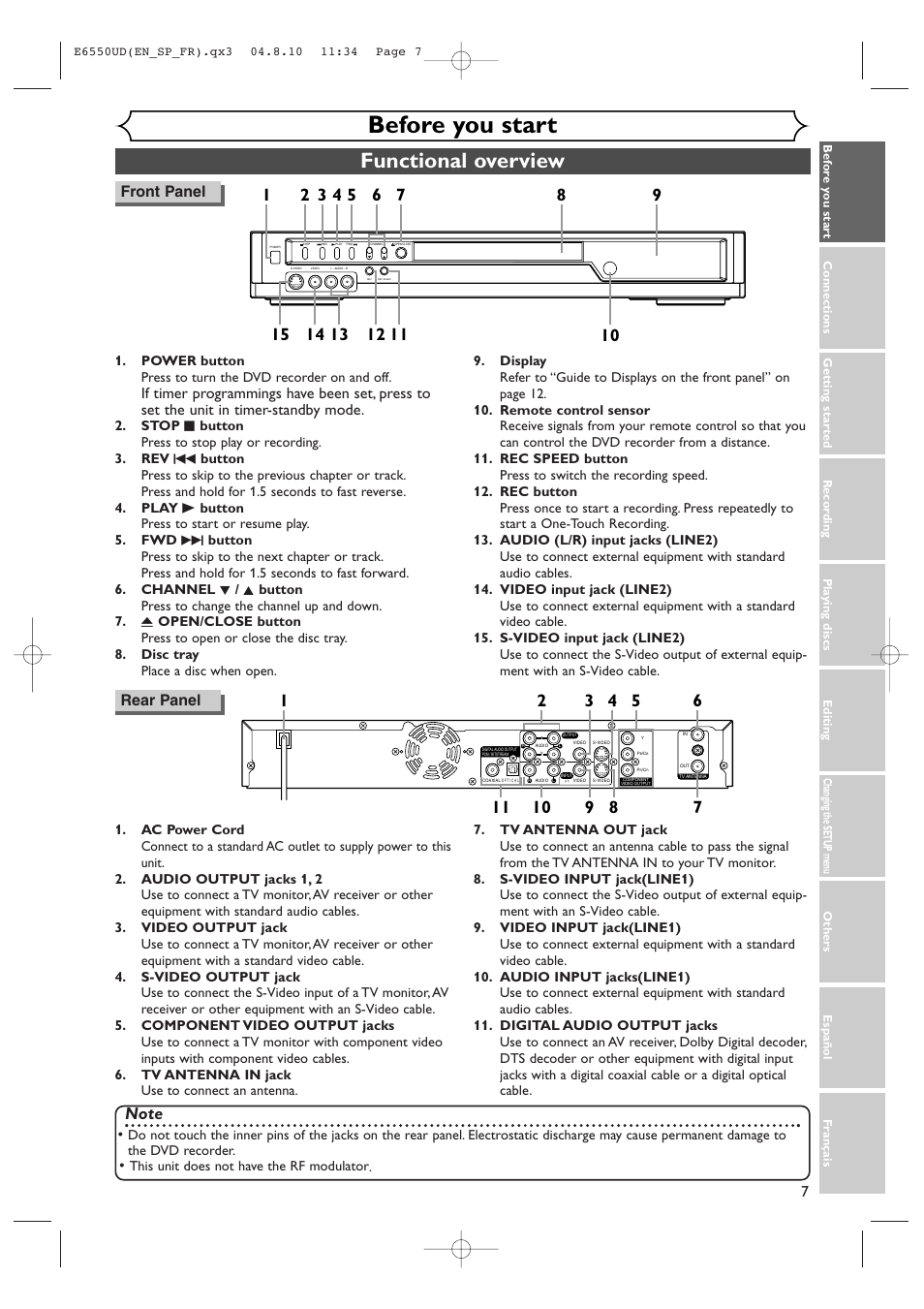 Before you start, Functional overview, 7front panel | Rear panel | FUNAI FDR-90E User Manual | Page 7 / 108