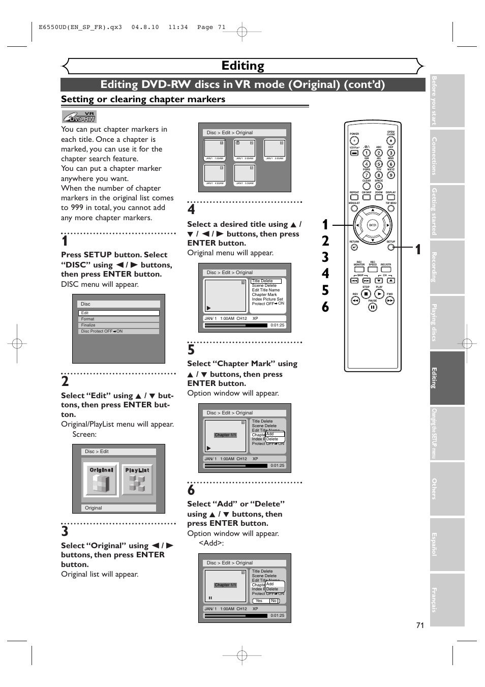 Editing, Setting or clearing chapter markers | FUNAI FDR-90E User Manual | Page 71 / 108