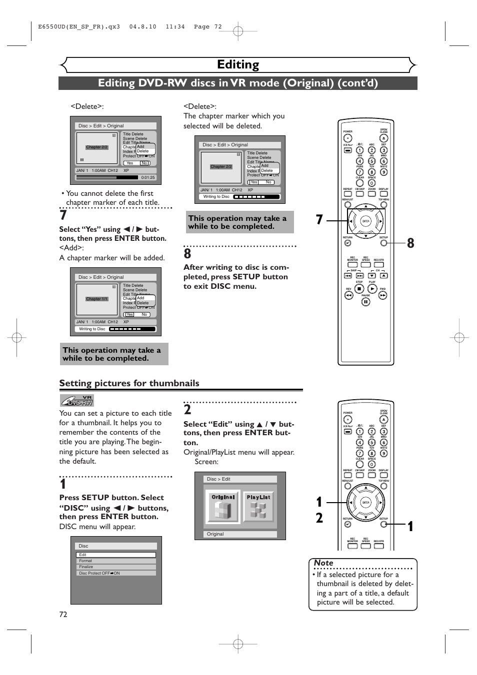 Editing, Setting pictures for thumbnails, This operation may take a while to be completed | FUNAI FDR-90E User Manual | Page 72 / 108