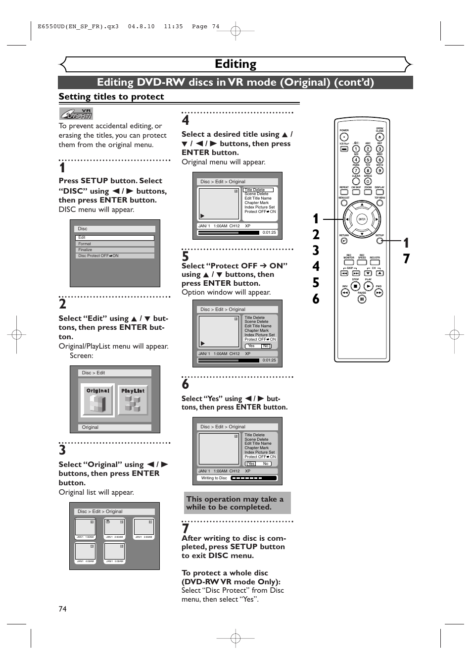 Editing, Setting titles to protect | FUNAI FDR-90E User Manual | Page 74 / 108