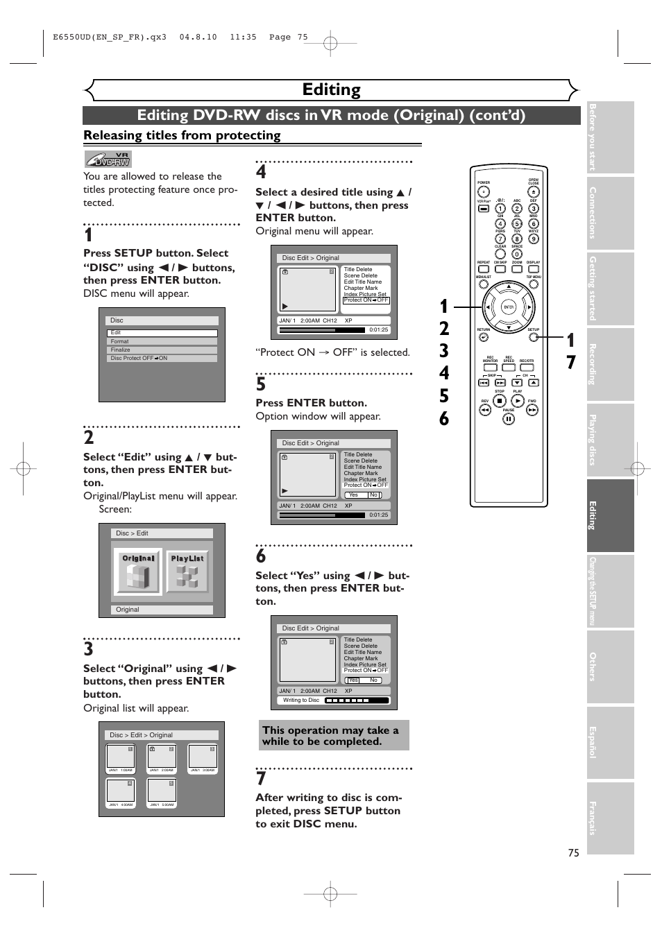 Editing, Releasing titles from protecting, Press enter button. option window will appear | FUNAI FDR-90E User Manual | Page 75 / 108