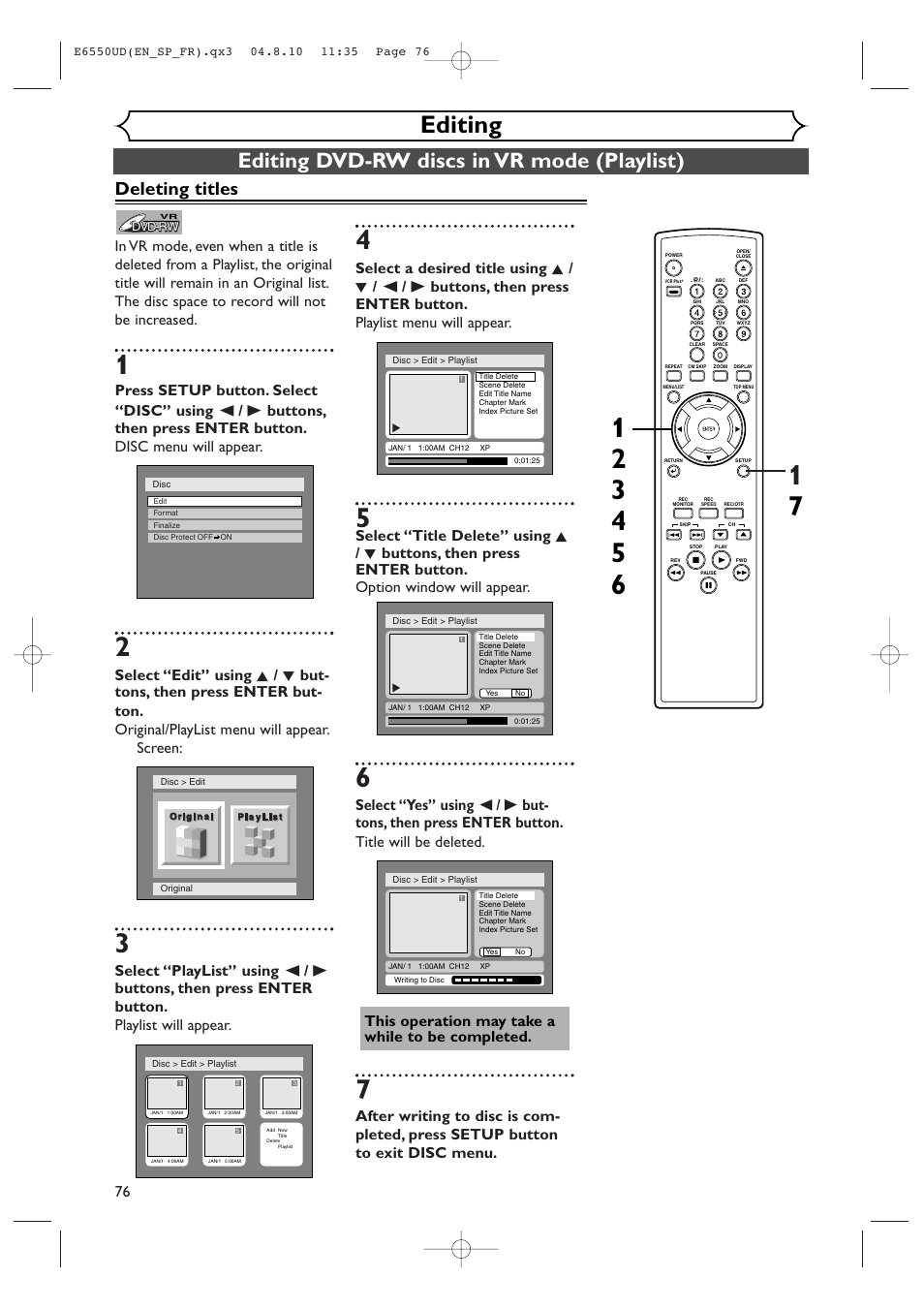 Editing, Editing dvd-rw discs in vr mode (playlist), Deleting titles | FUNAI FDR-90E User Manual | Page 76 / 108