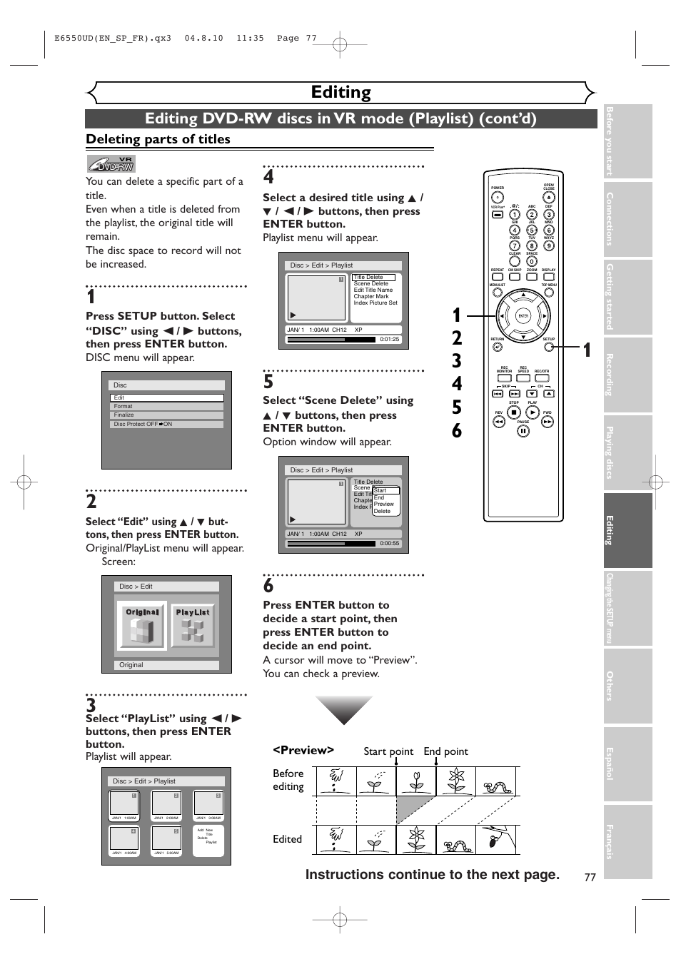 Editing, Deleting parts of titles, Instructions continue to the next page | Preview, Before editing | FUNAI FDR-90E User Manual | Page 77 / 108