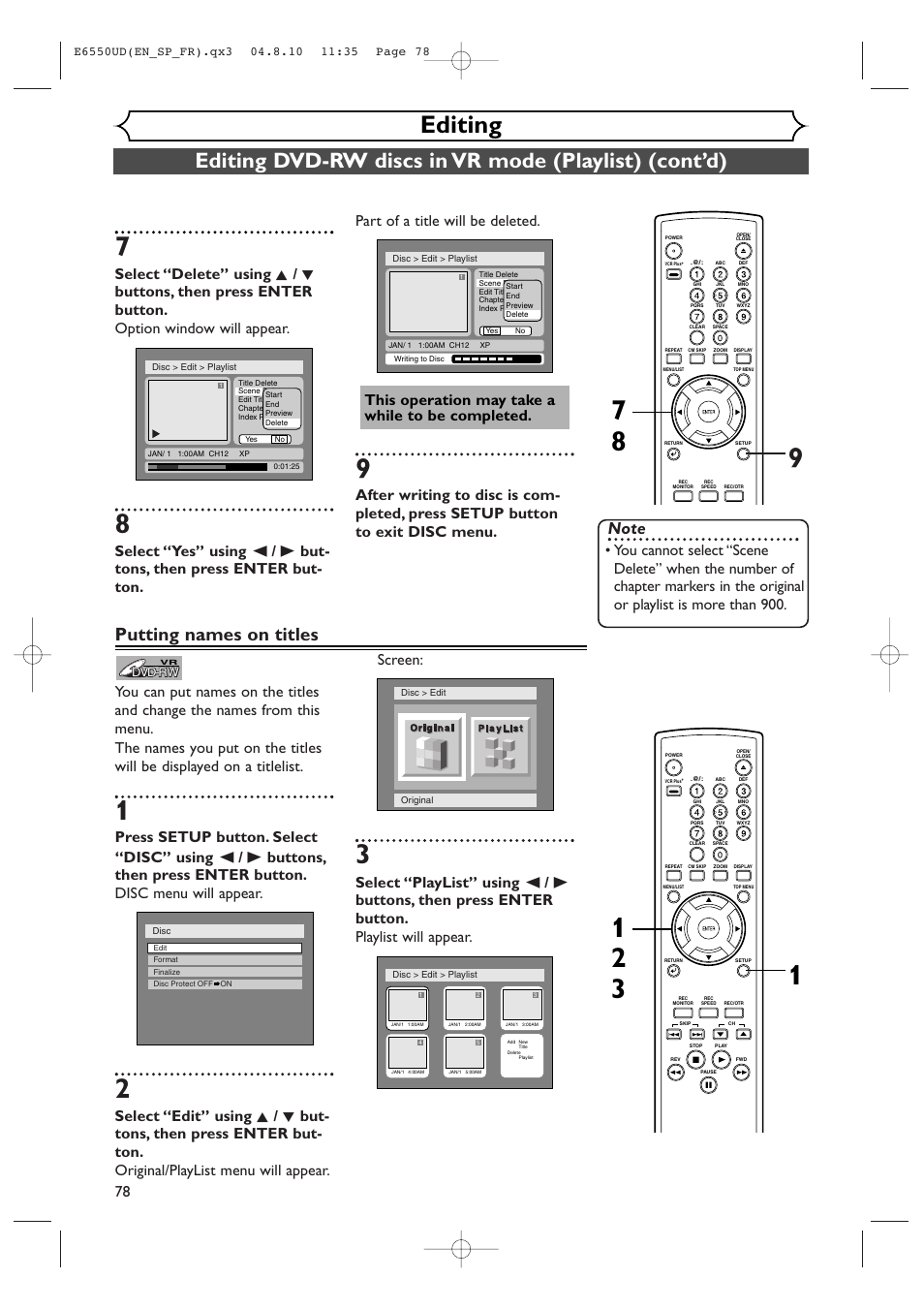 Editing, Putting names on titles | FUNAI FDR-90E User Manual | Page 78 / 108